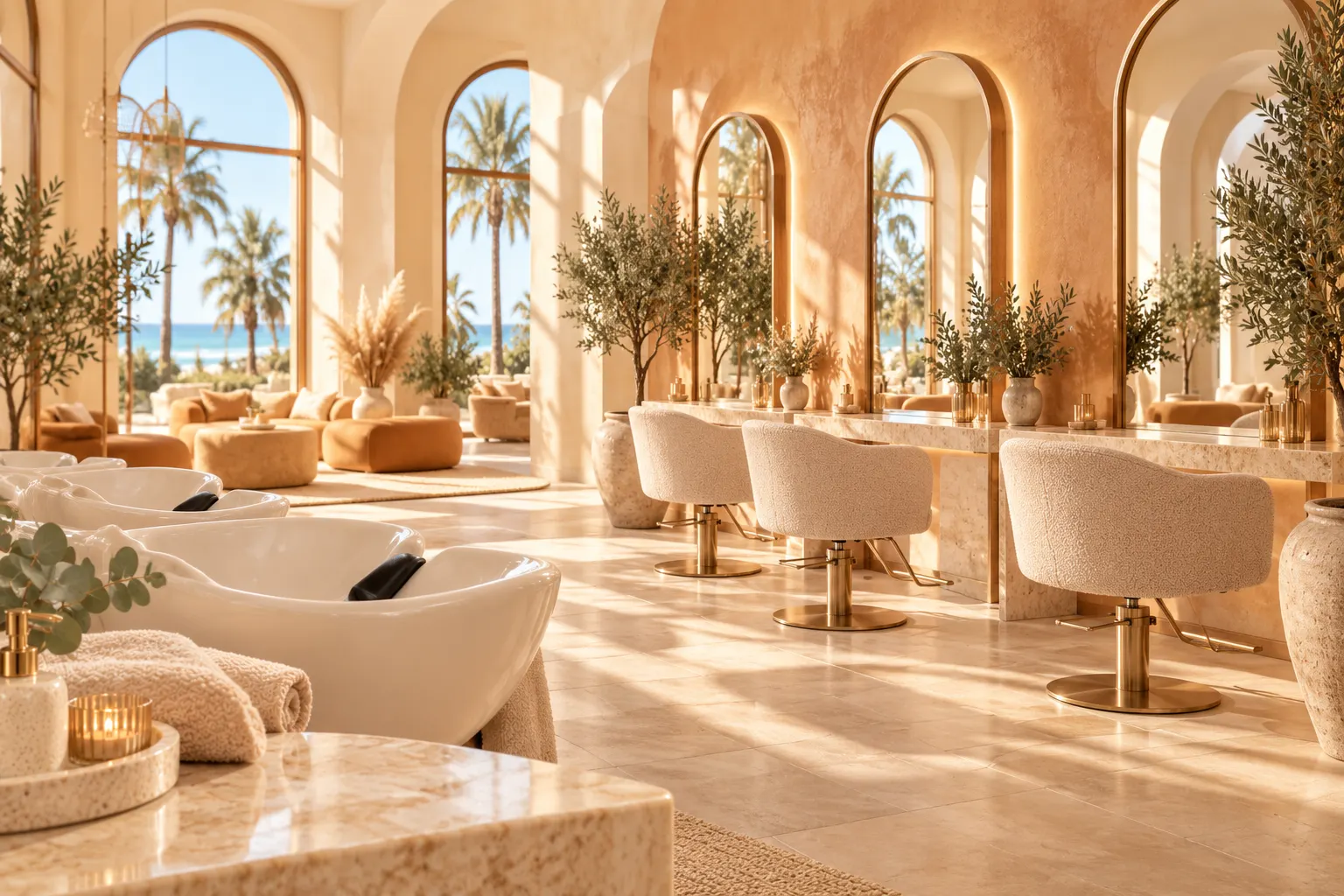 Bright salon interior with arched mirrors and olive trees